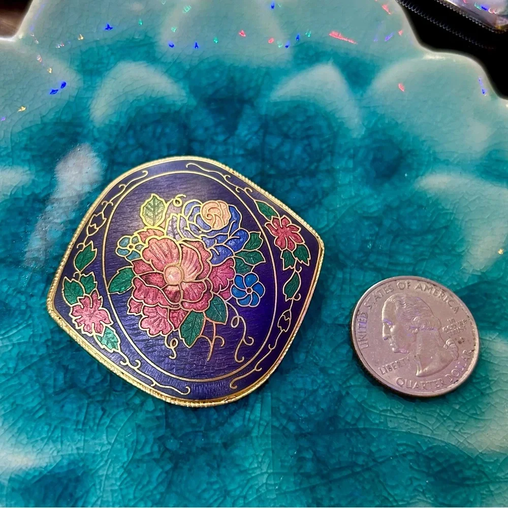 Vintage Cloisonné Brooch Pin Lovely Cobalt Blue Floral